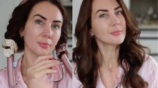 Before and after images of popular beauty and hair influencer Caroline Young testing Hair Rehab Heatless Curler 