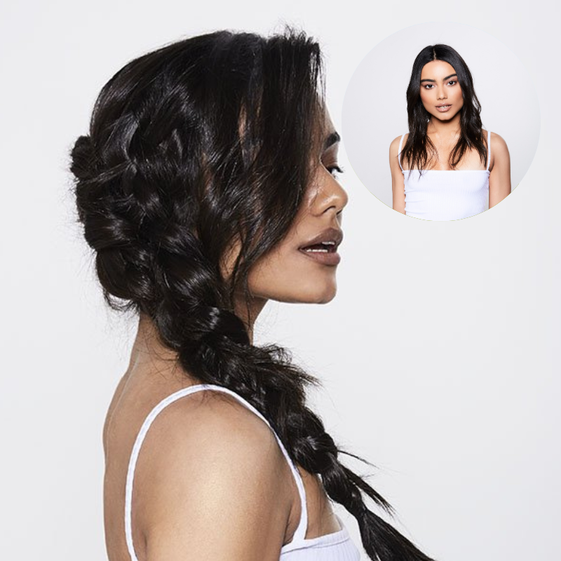 model with french plait style hairstyle using hair rehab london clip-in plait to add volume and length