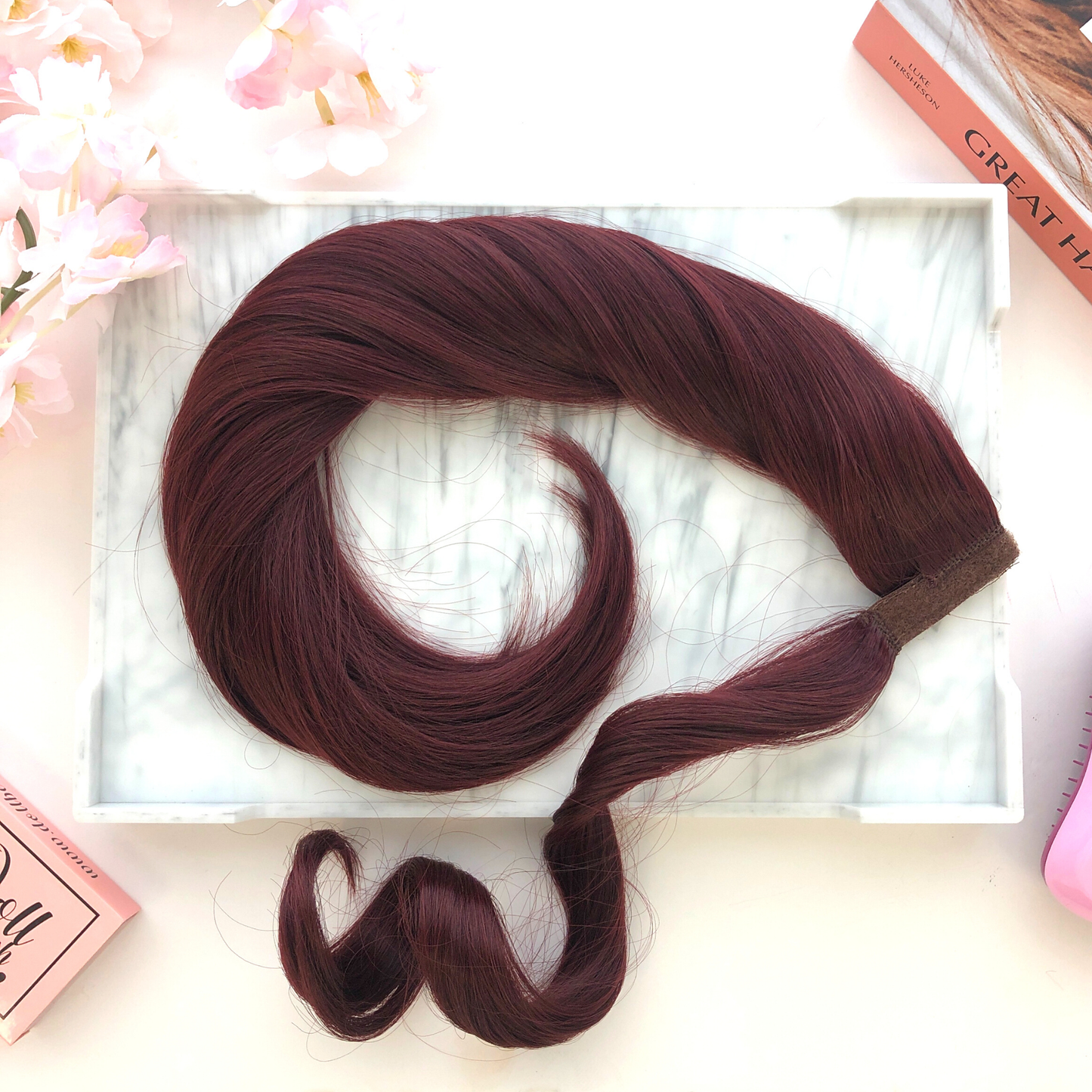 image of hair rehab london clip-in wrap ponytail hairpiece in shade burgundy