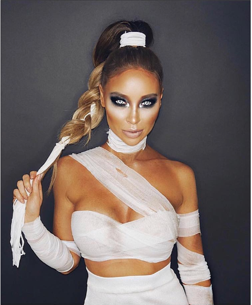 lauren pope dressed as sexy mummy halloween costume with hair rehab plait braid