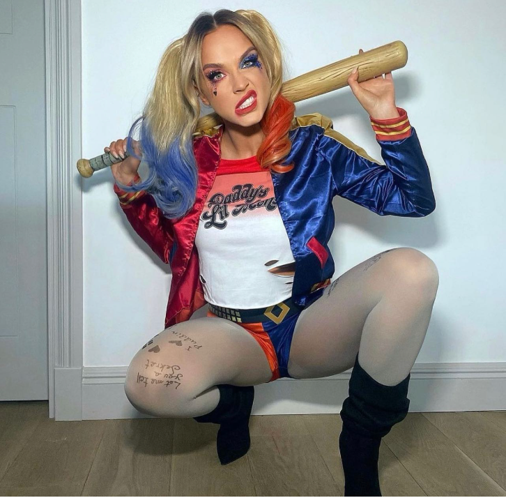 vicky pattison dressed as sexy harley quinn for halloween wearing two hair rehab ponytails in bunches style