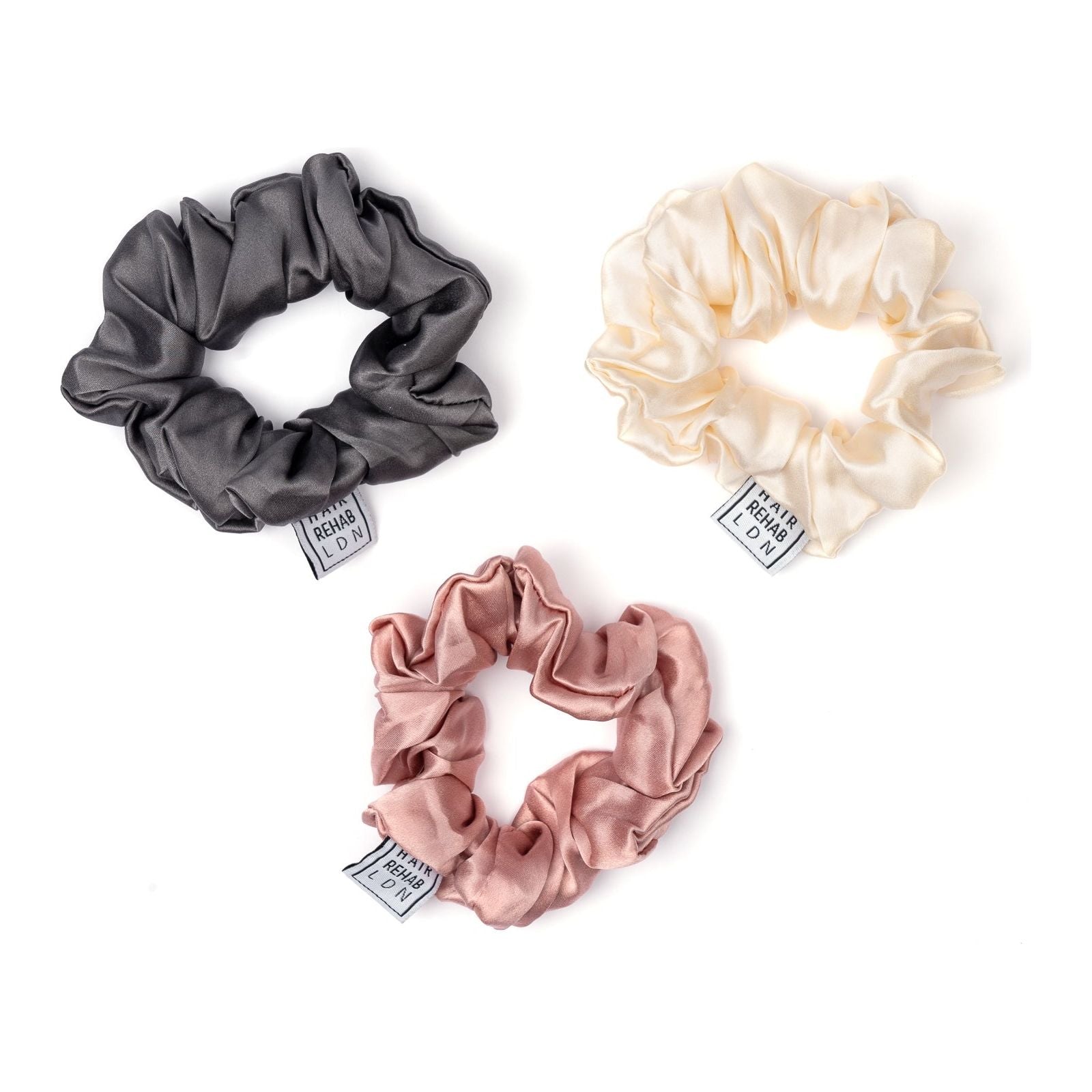 Three Large Silk Hair Rehab Scrunchies in grey pink and cream