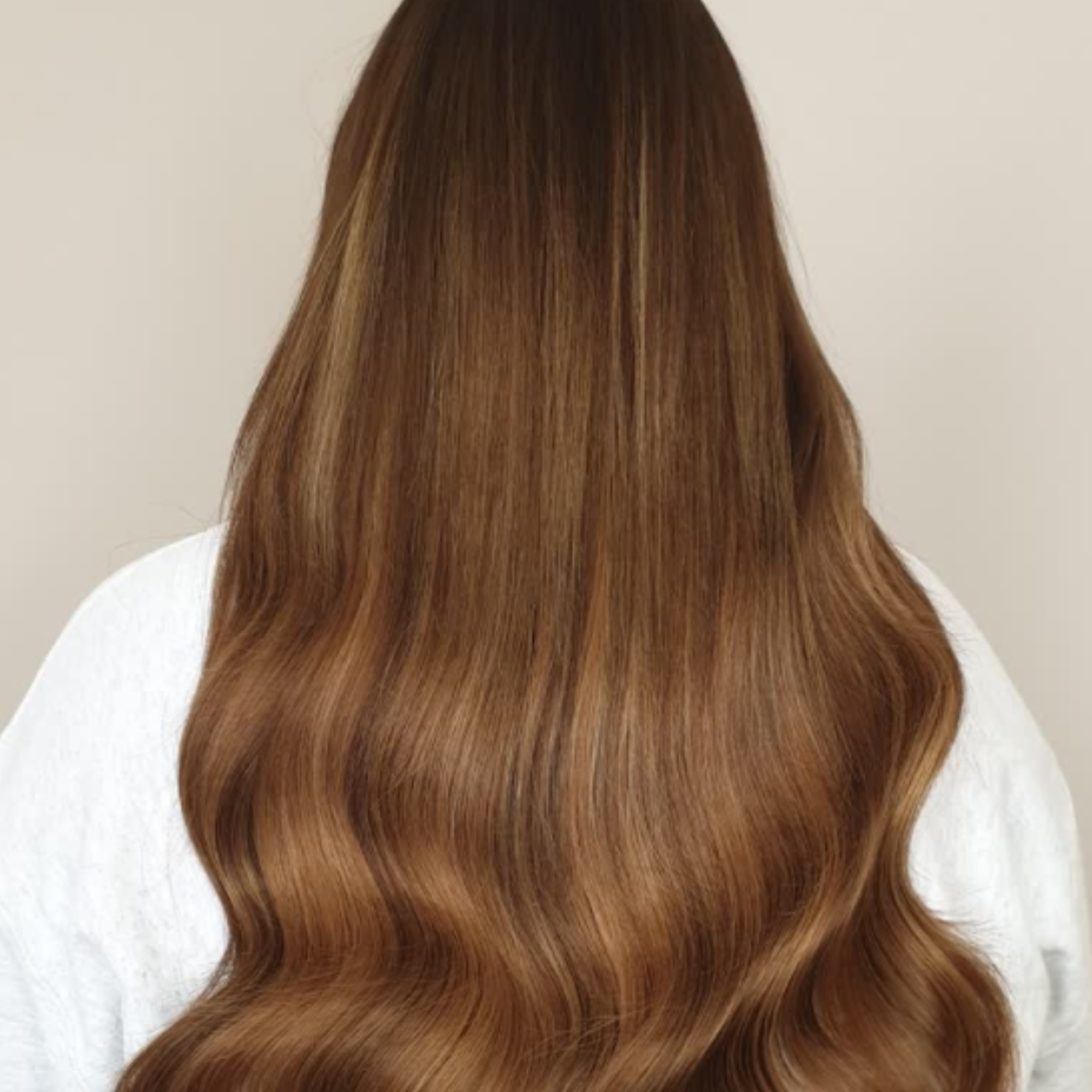 "customer wearing hair rehab london 18 inch original clip-in hair extensions in brunette shade"